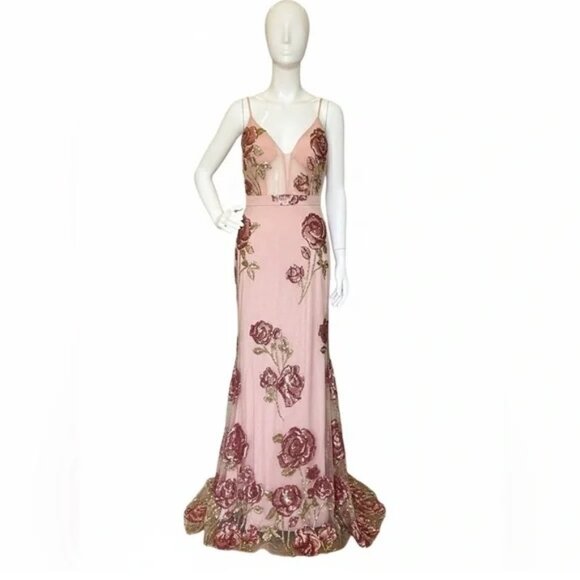 Morgan & Co 10134 Pink Gown with Floral Sequin Mesh Overlay Prom Gown Size 7 NWT - Picture 3 of 8